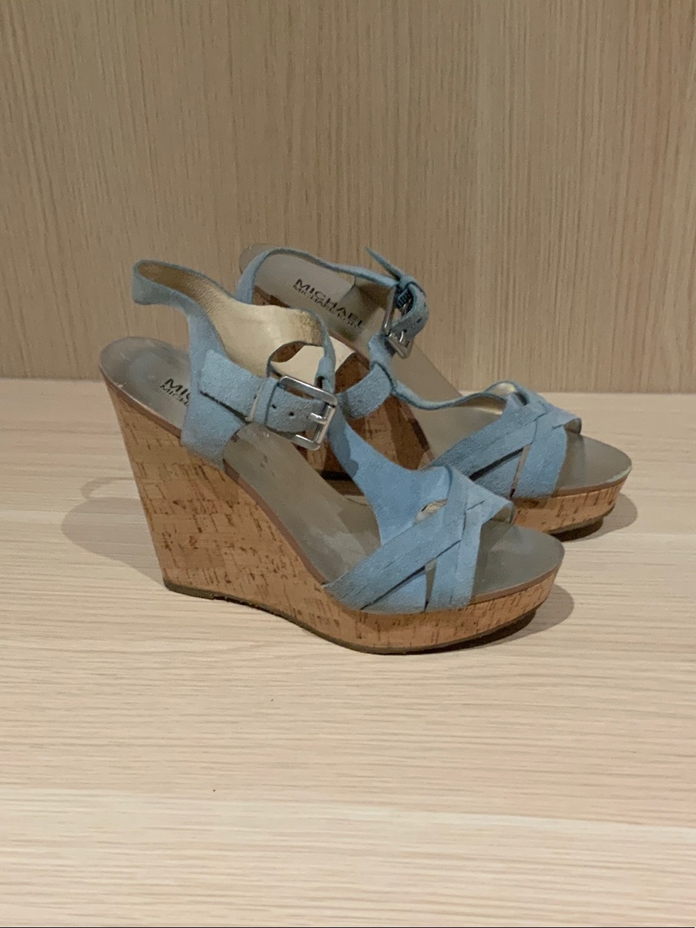 MICHAEL Michael Kors Light Blue Suede Cork Wedge Sandals - Picture 1 of 6